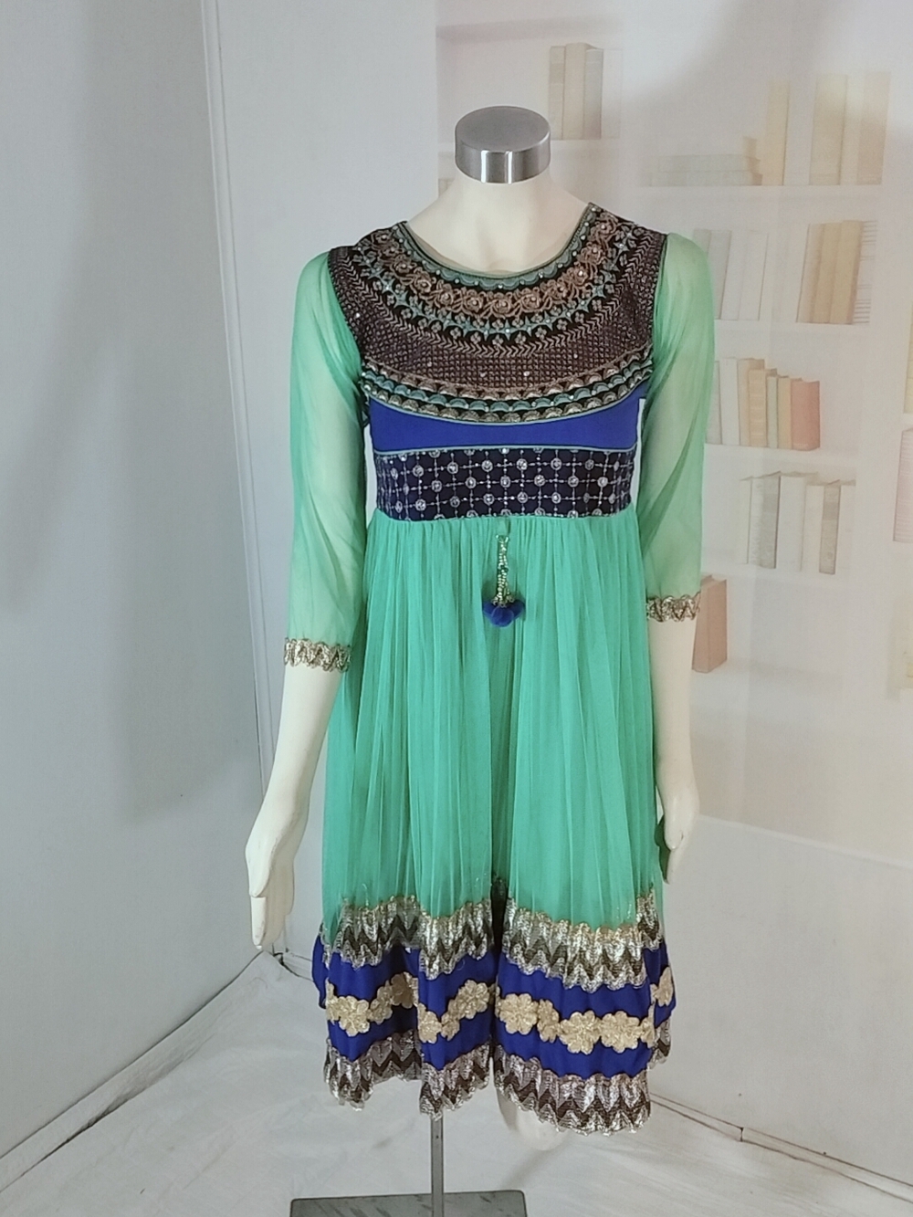 & Other Stories Mint Green and Royal Blue Embroidered Girls' Dress